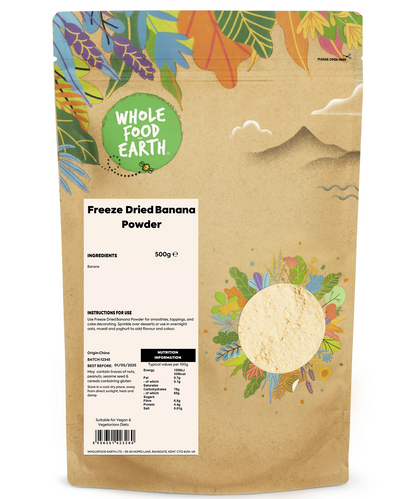 Freeze dried banana powder from Whole Food Earth, showing a close-up of the bright yellow dried fruit powder.