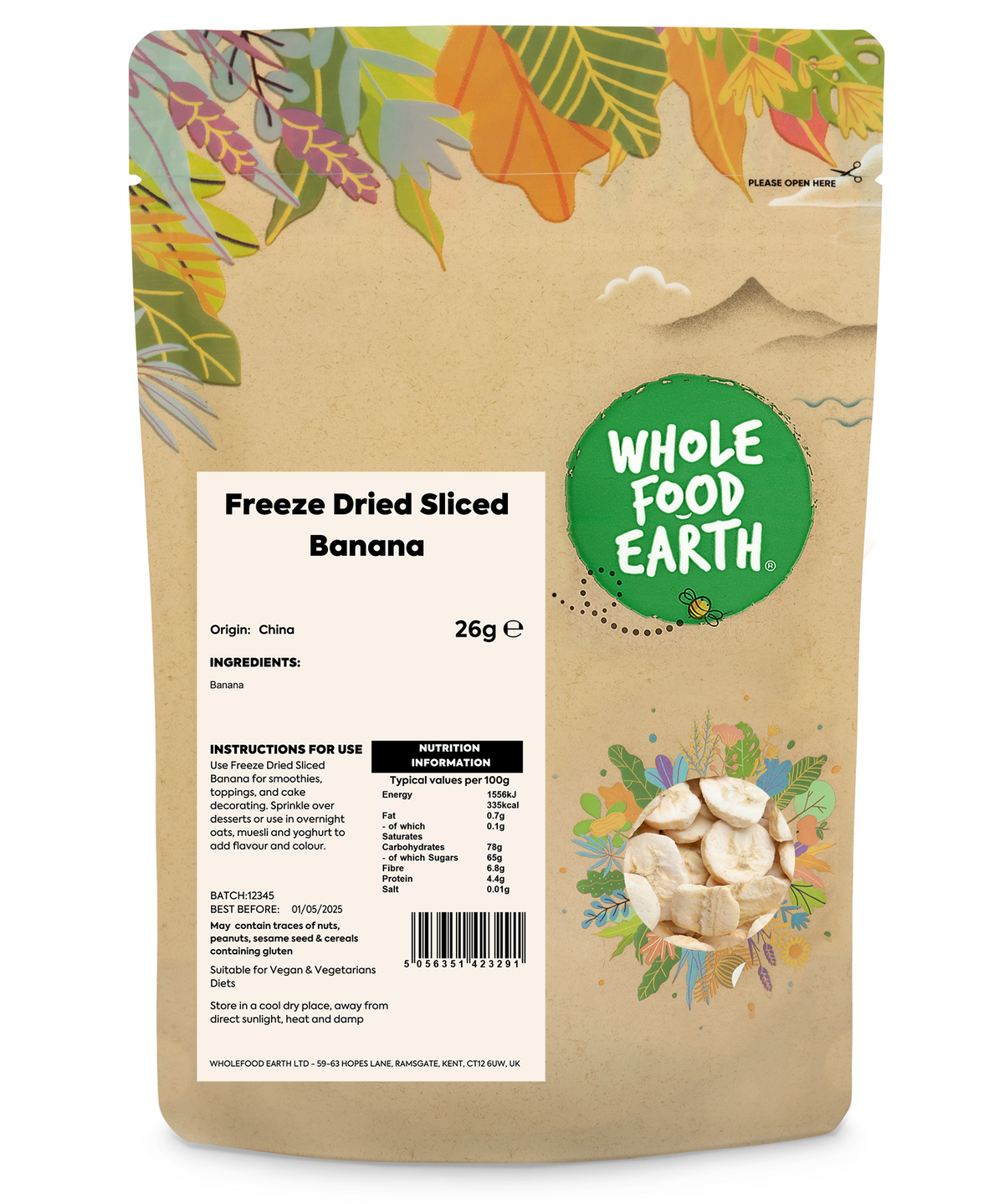 Slices of freeze-dried banana from Whole Food Earth, dried fruit snack with vibrant yellow color and textured surface.