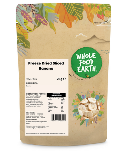 Slices of freeze-dried banana from Whole Food Earth, dried fruit snack with vibrant yellow color and textured surface.