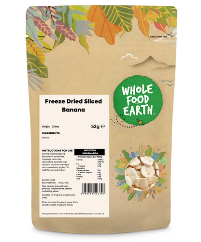 Freeze dried sliced banana from Whole Food Earth, dried fruits product, showing golden banana slices on a white background.
