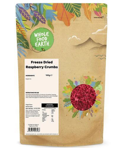 Freeze dried raspberry crumbs from Whole Food Earth, dried fruit product with vibrant red raspberry pieces and crumbs.