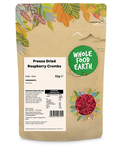 Freeze dried raspberry crumbs from Whole Food Earth, dried fruit product with vibrant red raspberry pieces and crumbly texture.