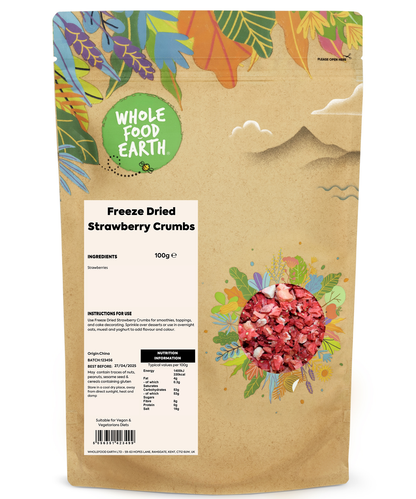 Freeze dried strawberry crumbs from Whole Food Earth, dried fruit snack with vibrant red strawberry pieces and crumbly texture.