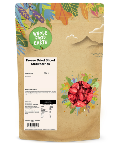 Freeze dried sliced strawberries from Whole Food Earth, a natural dried fruit snack with vibrant red strawberry slices.
