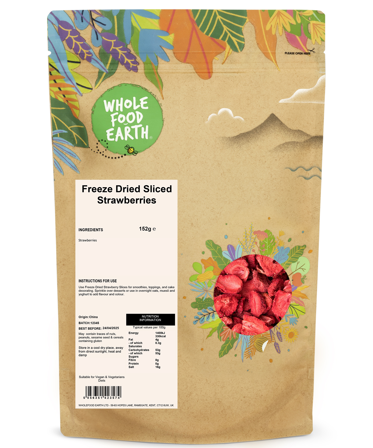 Freeze dried sliced strawberries from Whole Food Earth, a package of vibrant, crunchy dried fruit slices for snacking or baking.