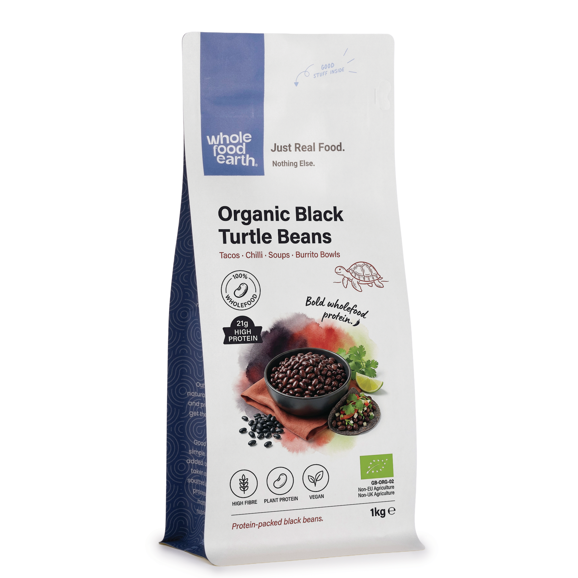 Organic black turtle beans from Whole Food Earth, showing a close-up of shiny, black beans in a bowl.