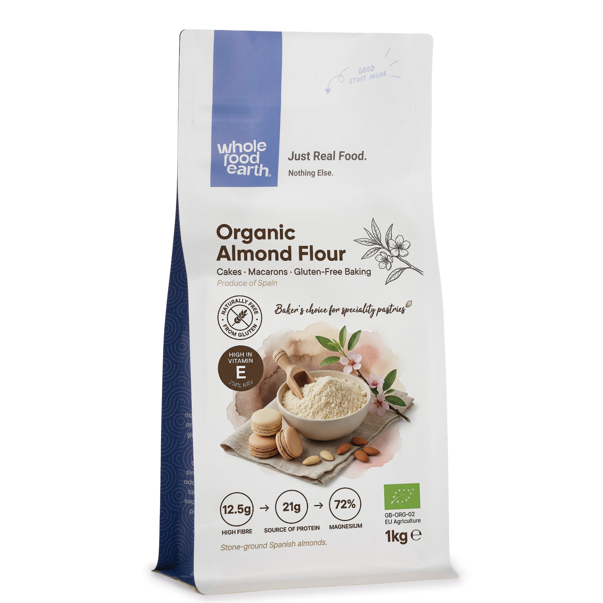 Organic almond flour from Whole Food Earth, finely ground nut powder in a clear bag on a white background.