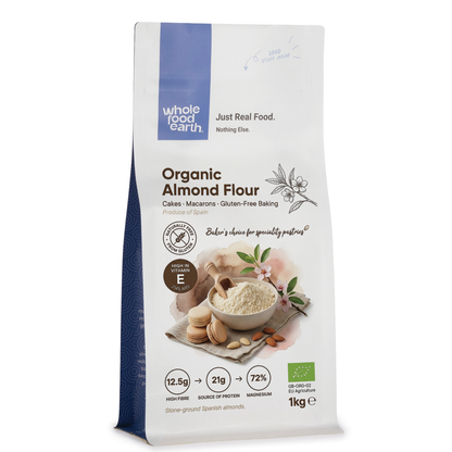 Organic almond flour from Whole Food Earth, finely ground nut powder in a clear bag on a white background.