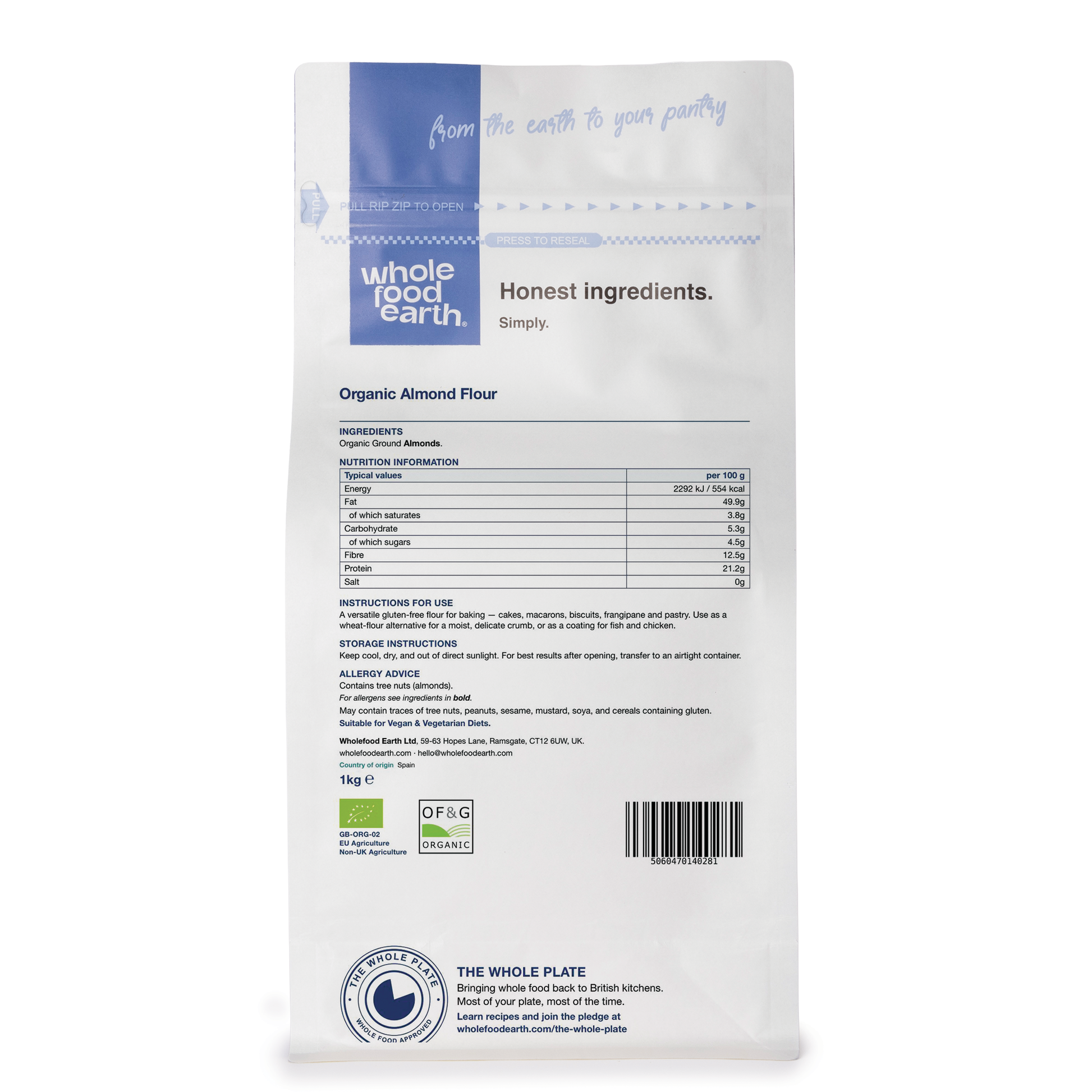 Back view of Whole Food Earth organic almond flour bag, showcasing the packaging for nuts and seeds.