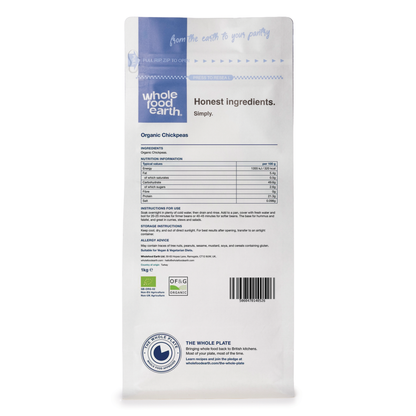 Organic chickpeas from Whole Food Earth, shown in a bag, highlighting the natural nuts and seeds product line.