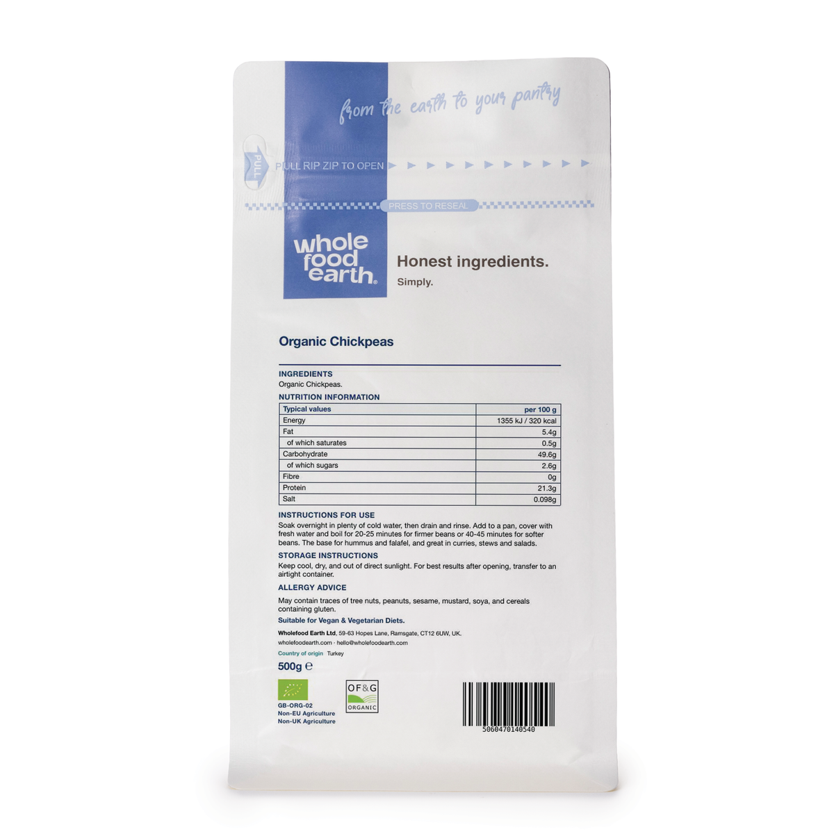 Back view of Whole Food Earth organic chickpeas in a clear container, highlighting the round beige legumes.