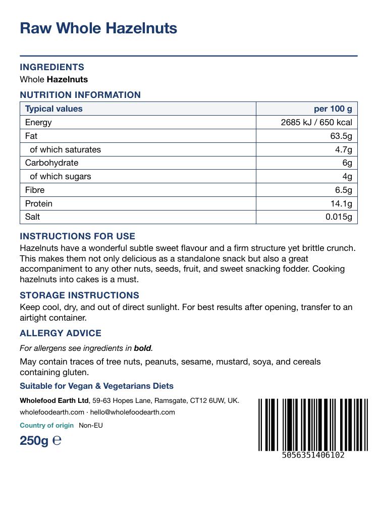 Organic hazelnuts from Whole Food Earth, whole and in-shell nuts for snacking or baking, shown from the back.