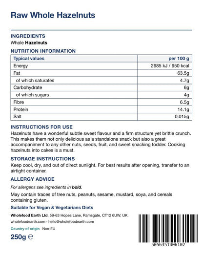 Organic hazelnuts from Whole Food Earth, whole and in-shell nuts for snacking or baking, shown from the back.