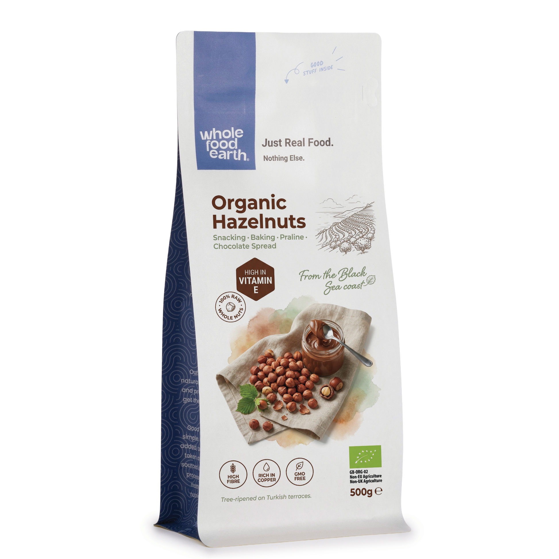 Organic hazelnuts from Whole Food Earth, whole and natural nuts and seeds in a close-up shot.