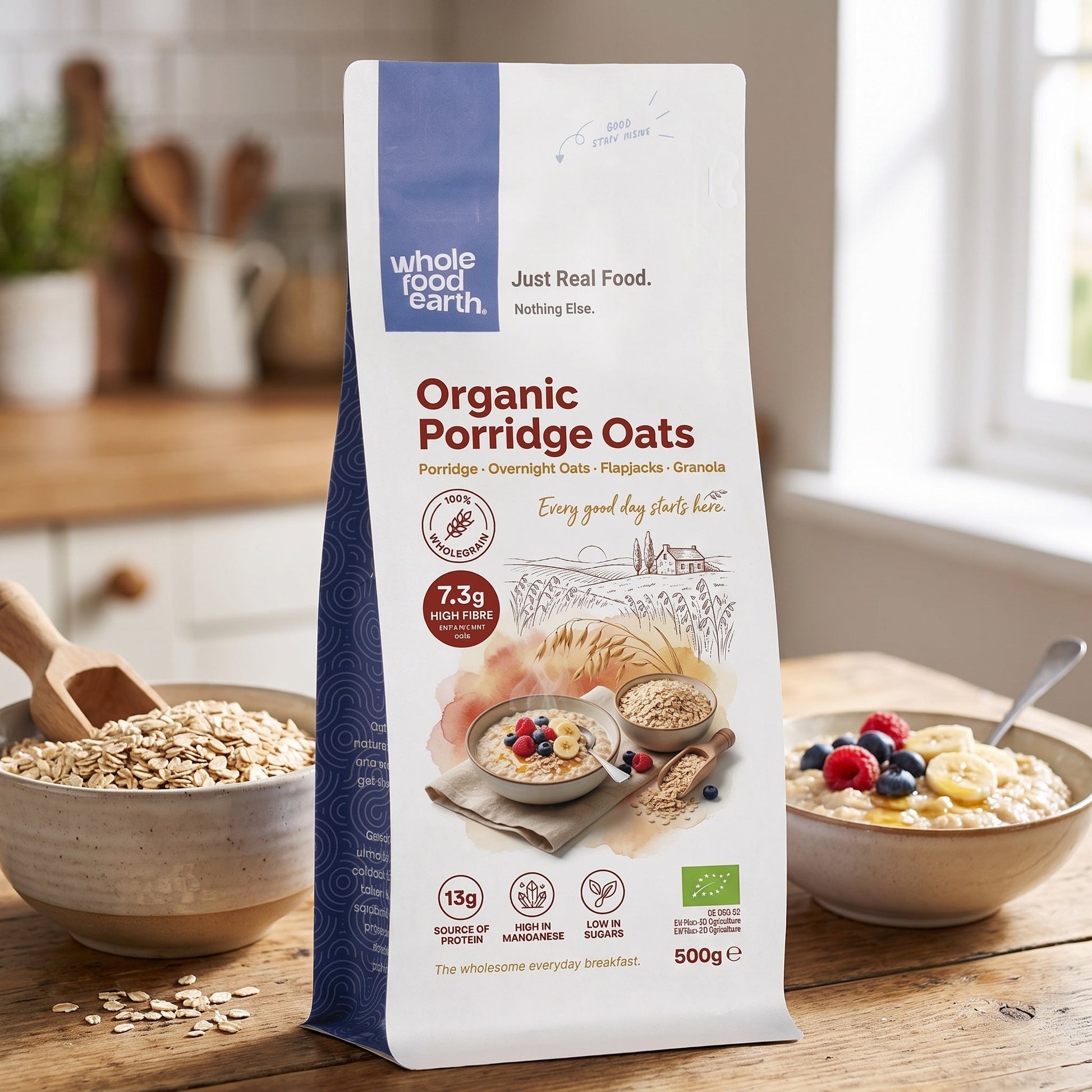 Organic Porridge Oats cereal from Whole Food Earth in a bowl, showing rolled oats ready for breakfast.
