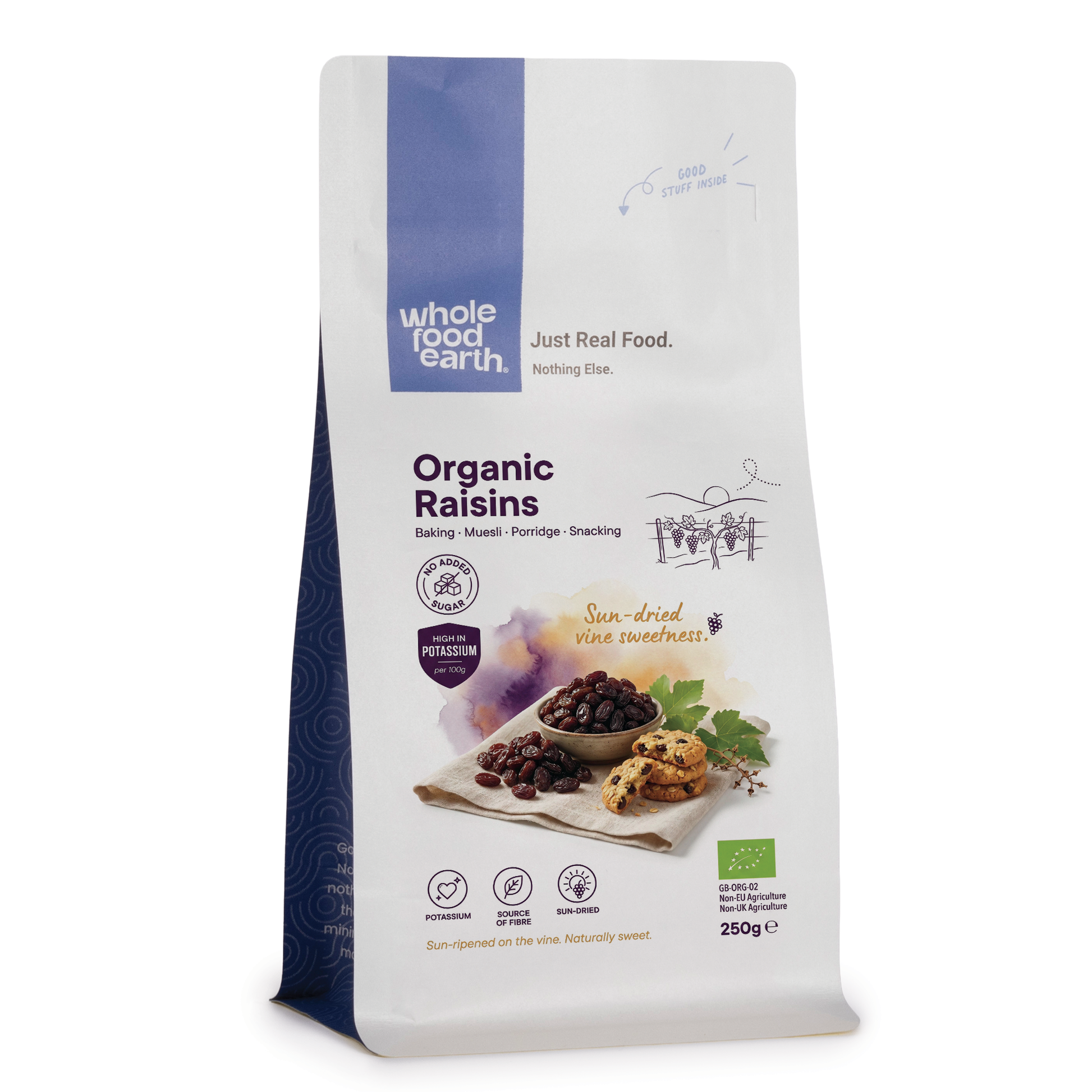 Organic raisins, dried fruit from Whole Food Earth, showing plump, natural dried grapes in a close-up image.