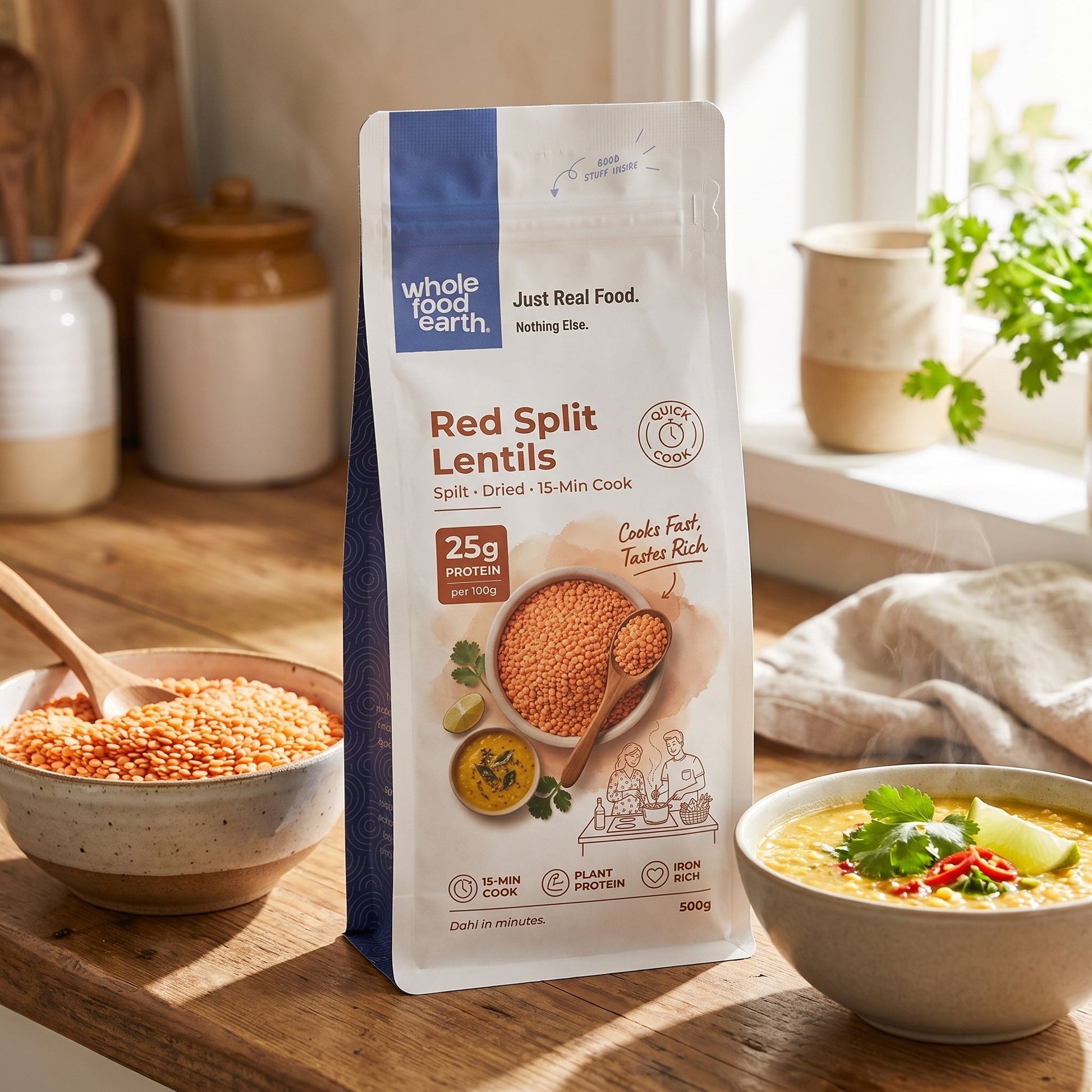 Organic red split lentils from Whole Food Earth, showing fresh, vibrant red lentils in a clear bowl for healthy beans and pulses.