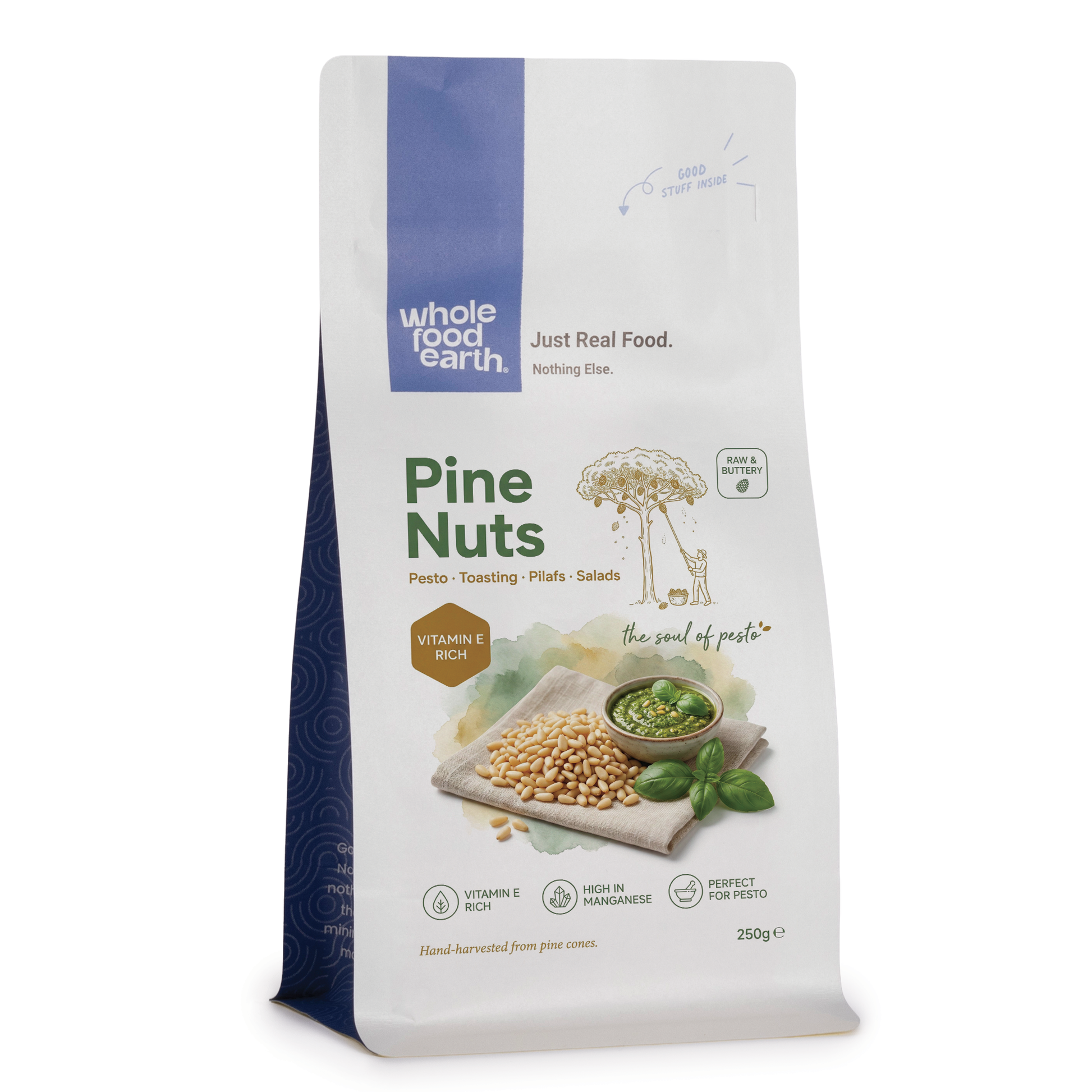 Whole Food Earth pine nuts in a clear bowl, showing small, oval-shaped nuts with light beige shells from Nuts & Seeds category.