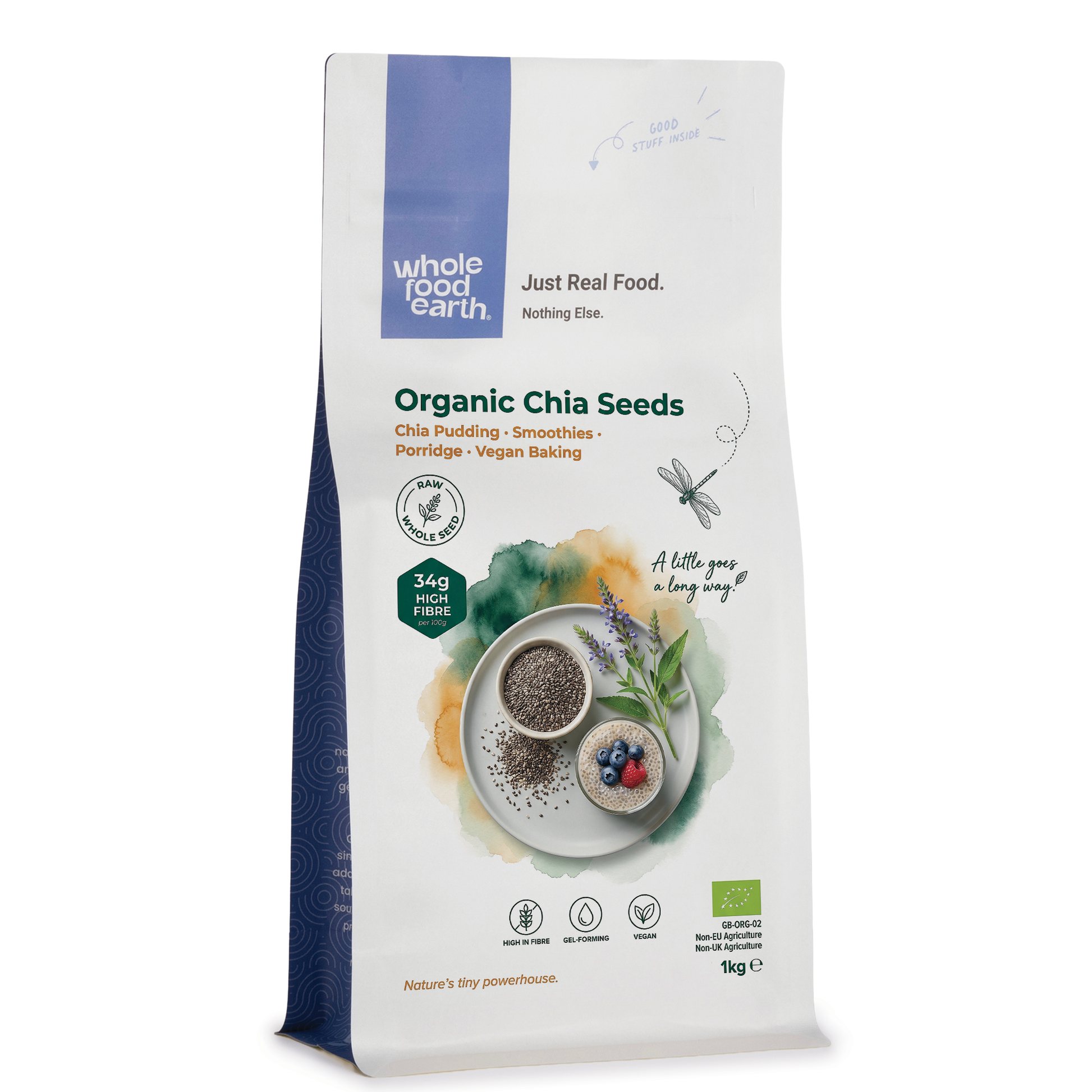 Organic chia seeds in a clear glass jar, showing small black and white seeds, from Whole Food Earth Nuts & Seeds collection.