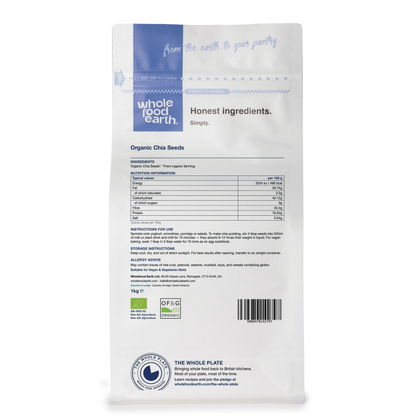 Back view of organic chia seeds in a clear container, showcasing small, black and white seeds from Whole Food Earth.