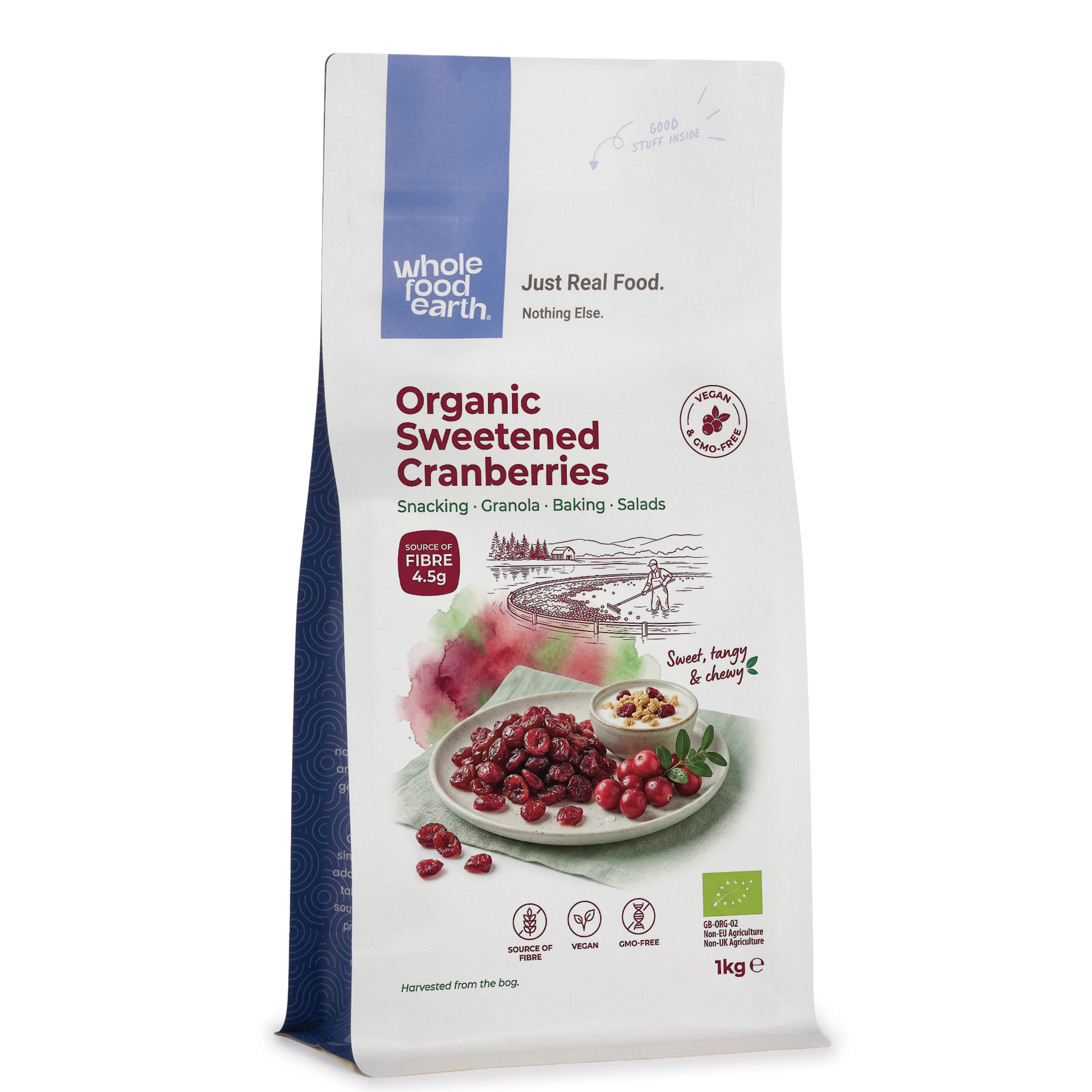 Organic sweetened dried cranberries, Whole Food Earth dried fruits, close-up of plump, ruby red cranberries with a glossy surface.