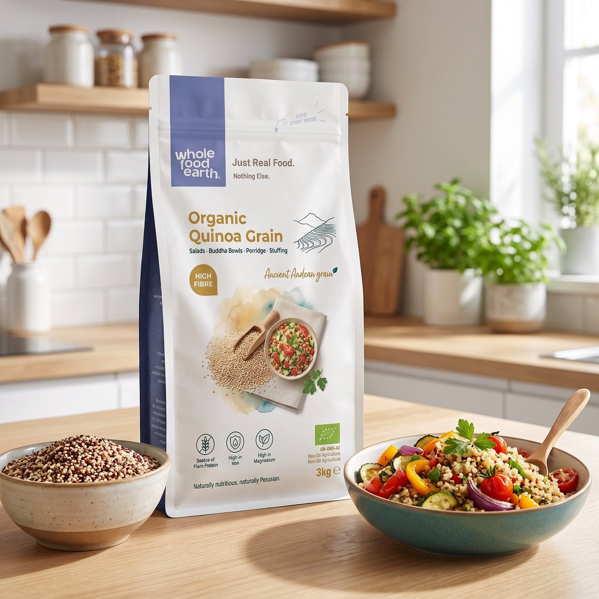 Organic quinoa grains from Whole Food Earth, showing a close-up of light tan, fluffy quinoa in a natural setting.