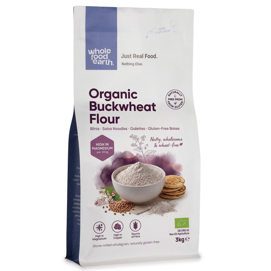 Organic Buckwheat Flour from Serious Grains in a clear bag, showing light brown, finely ground flour suitable for gluten-free baking.