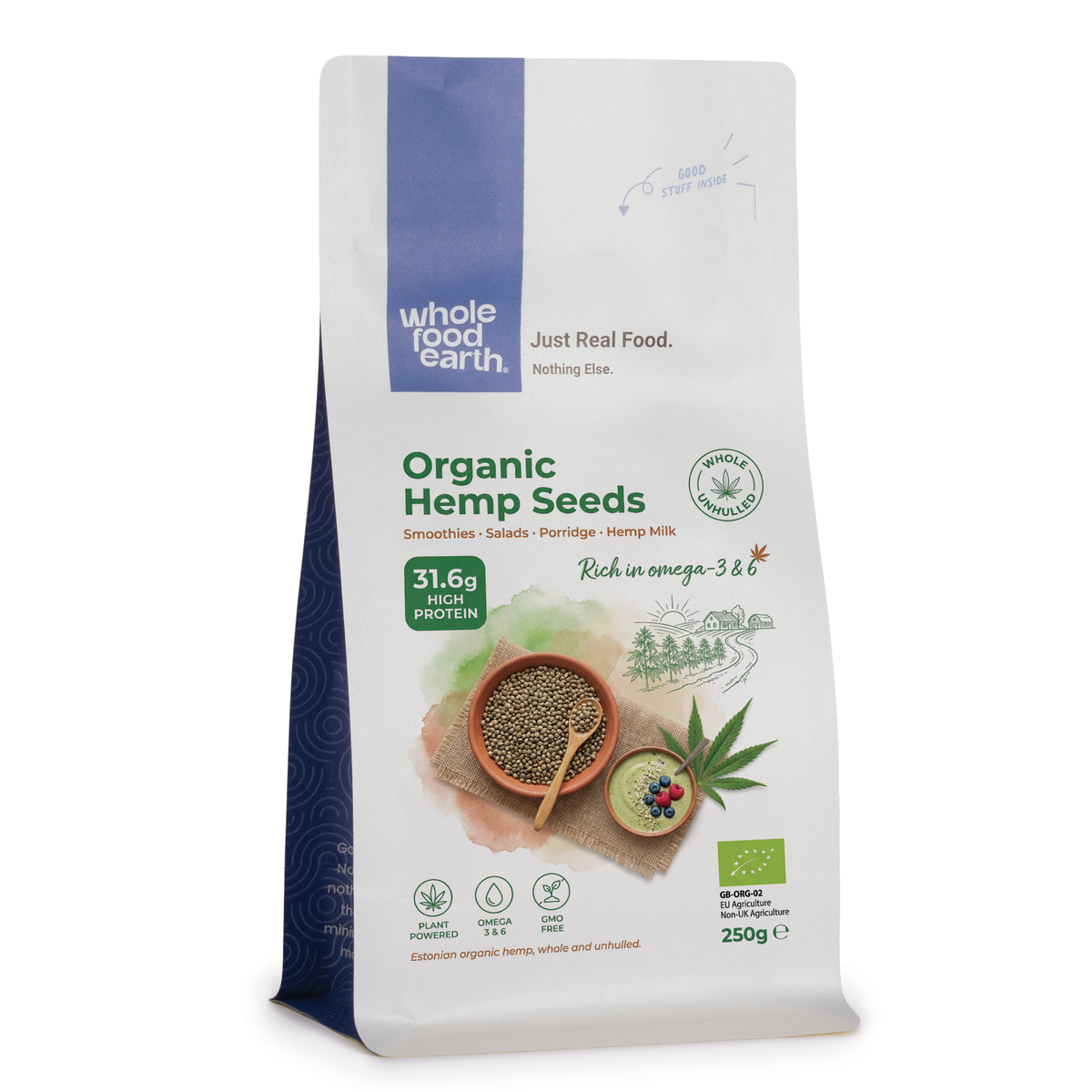Organic hemp seeds from Whole Food Earth, showing a close-up of the greenish seeds in a bowl on a wooden surface.