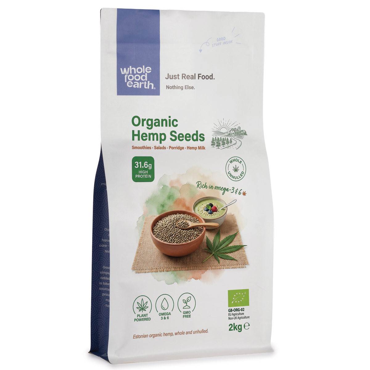 Organic hemp seeds from Whole Food Earth, displayed in a clear bowl with some seeds scattered around on a wooden surface.