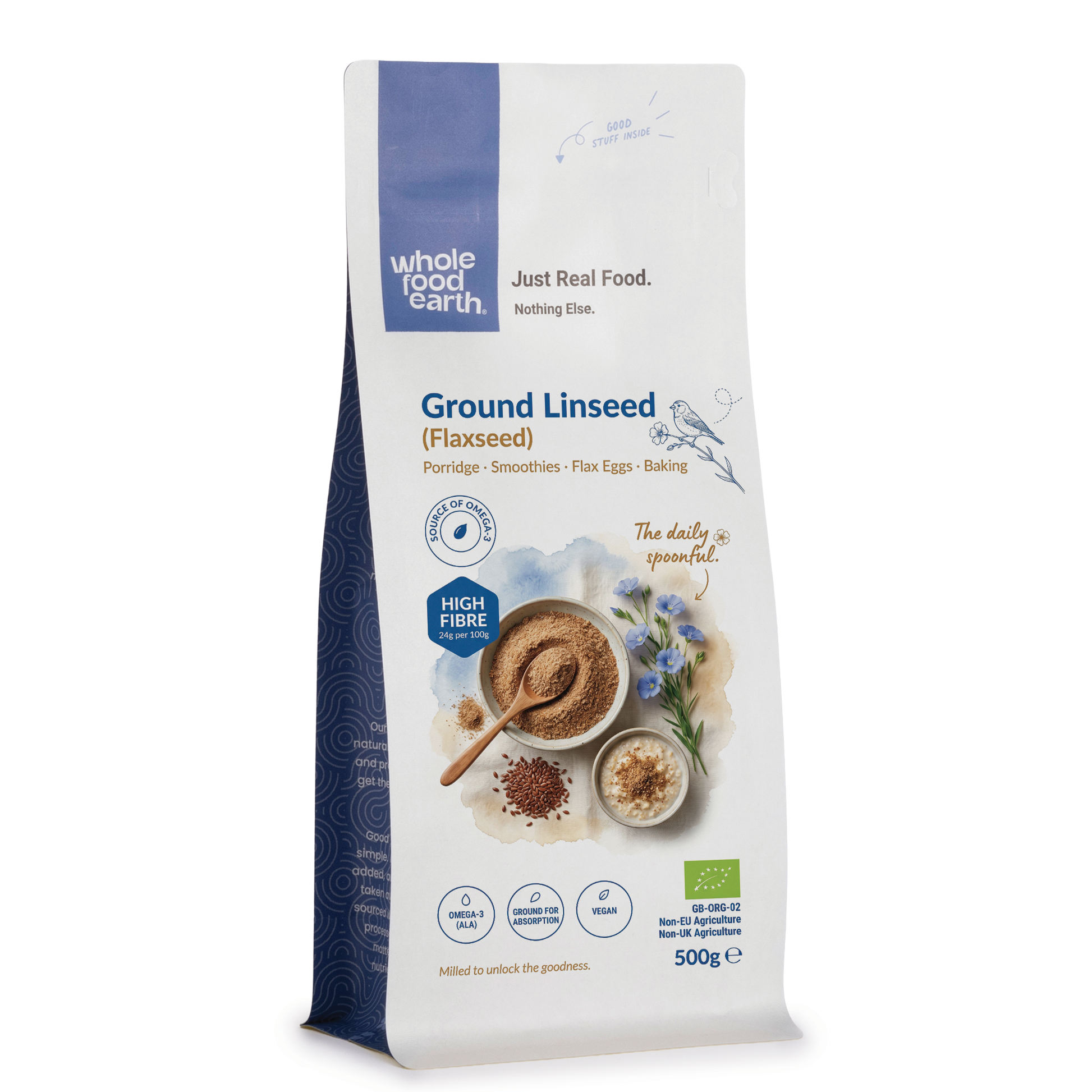 Organic ground flaxseed from Whole Food Earth, shown in a clear container with loose flaxseeds visible, on a neutral background.