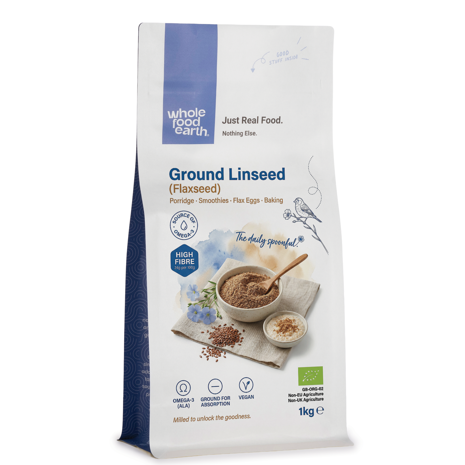 Organic ground flaxseed from Whole Food Earth, a natural product of beans and pulses, shown in a clear container.