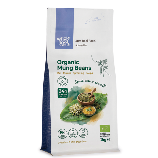 Whole Food Earth organic mung beans in a clear container, fresh green beans perfect for healthy cooking and pulses.