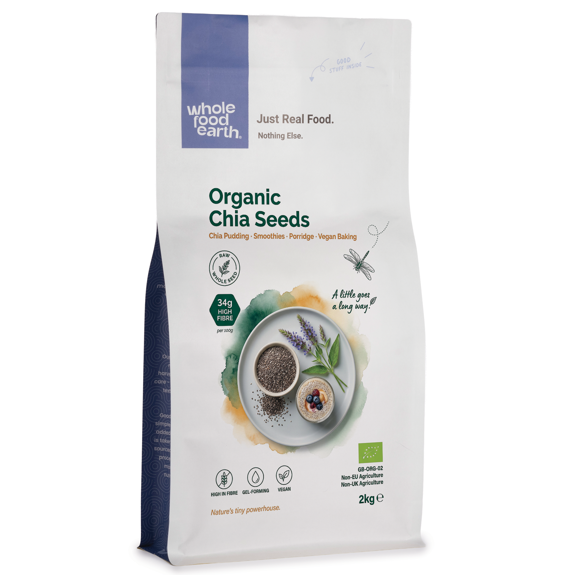 Organic chia seeds in a clear glass jar, showing small black and white seeds from Whole Food Earth, nuts and seeds product.
