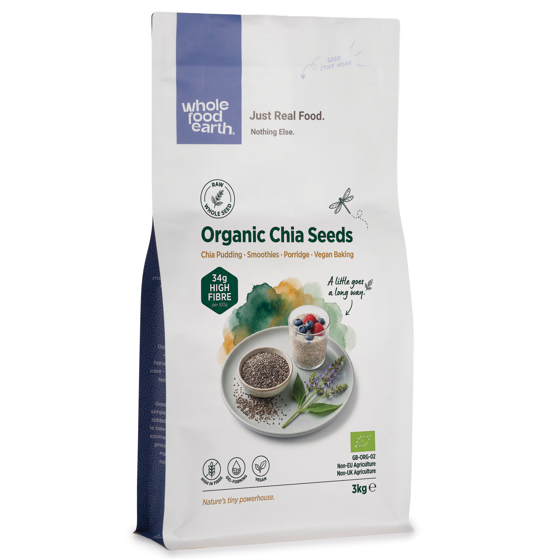 Organic chia seeds in a clear glass bowl, showing small black and white seeds from Whole Food Earth, nuts and seeds product.