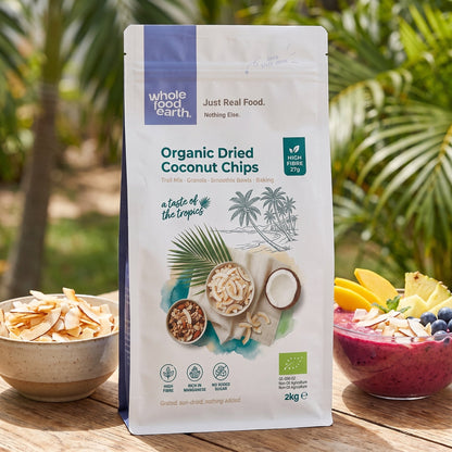 Organic dried coconut chips from Whole Food Earth, showing golden-brown sliced coconut pieces in a natural setting.