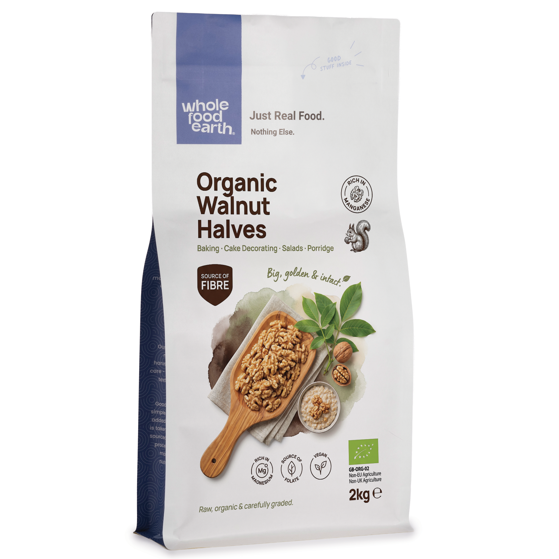 Organic walnut halves from Whole Food Earth, showing whole, light brown walnut pieces in a clear container.