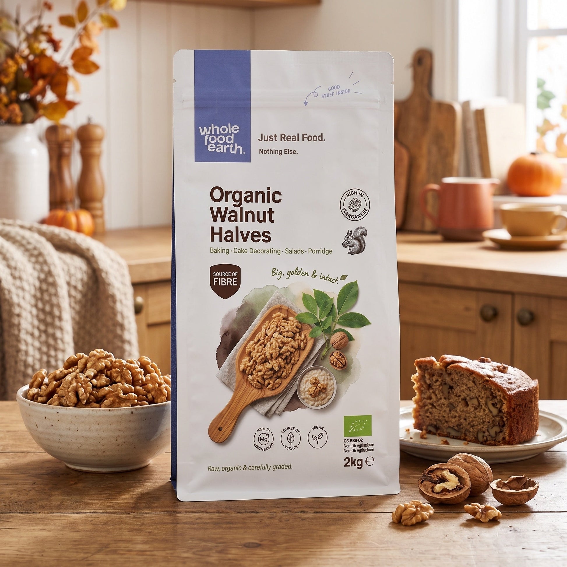 Organic walnut halves from Whole Food Earth, showing crunchy, golden-brown walnut pieces in a natural, fresh nut display.