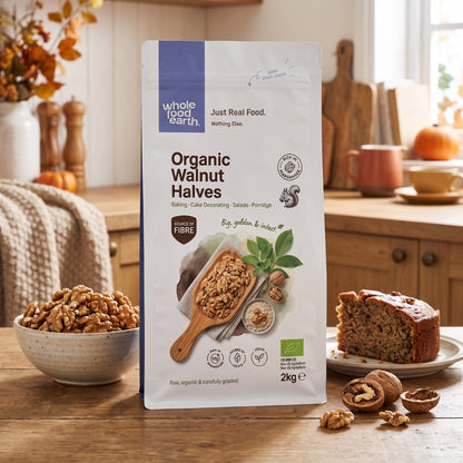 Organic walnut halves from Whole Food Earth, showing crunchy, golden-brown walnut pieces in a natural, fresh nut display.