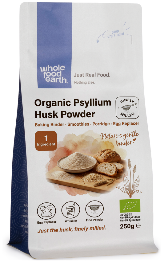 Organic Psyllium Husk Powder in a white container with a label, showing the specialty supplement by Whole Food Earth.