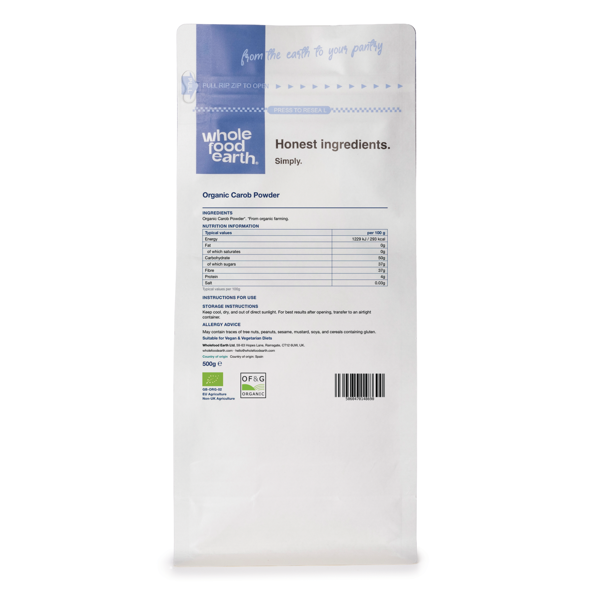 Back view of Whole Food Earth Organic Carob Powder package, showing the label and product details on a white background.