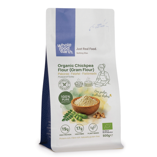 Organic chickpea flour from Whole Food Earth, a natural gluten-free flour in a resealable bag, suitable for baking and cooking.