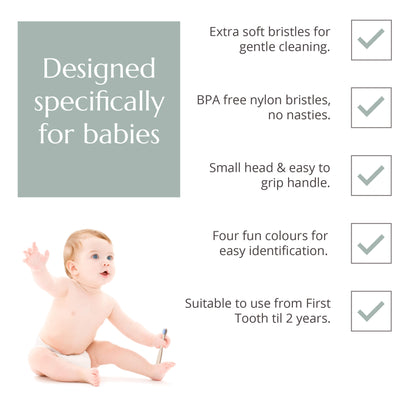 Wild and Stone baby bamboo toothbrushes with four packs and extra soft bristles, ideal for gentle infant oral care.