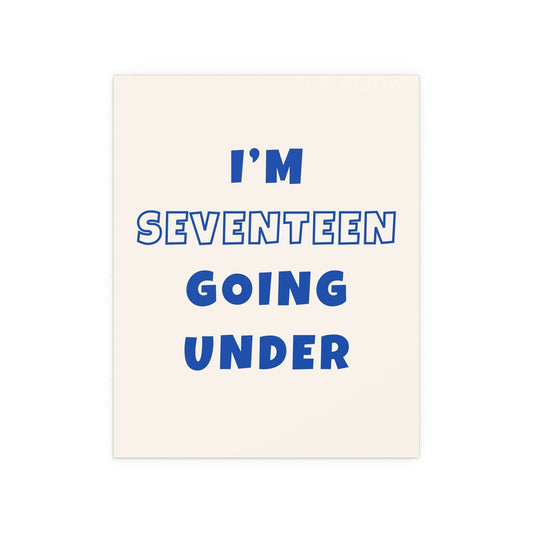 Off-white and blue poster of Sam Fender's "Seventeen Going Under" by Glow On Prints, featuring a vibrant music-inspired design.