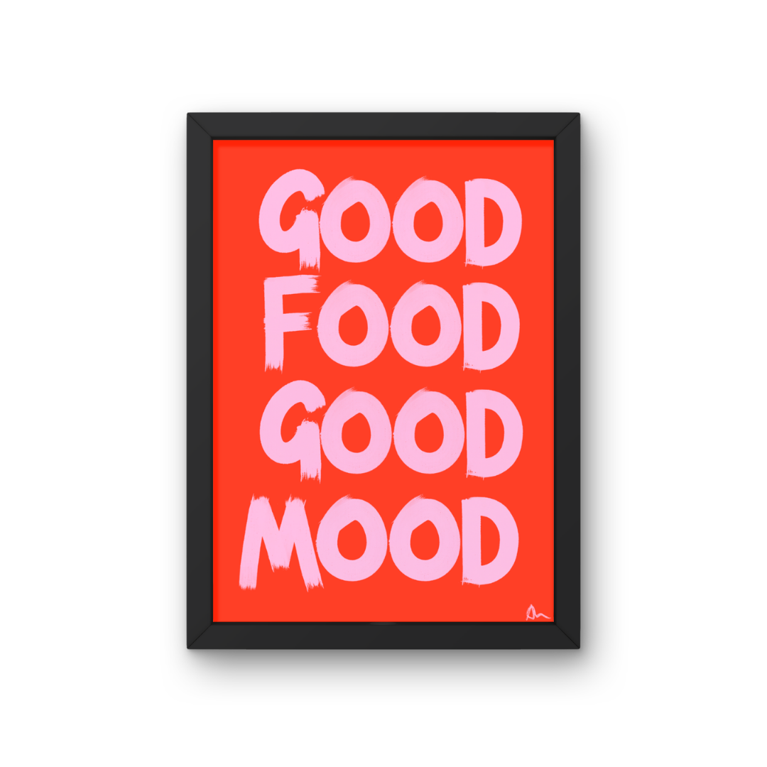 Pink and red kitchen print featuring food and drink illustrations from Peak Prints' Good Food Good Mood collection.