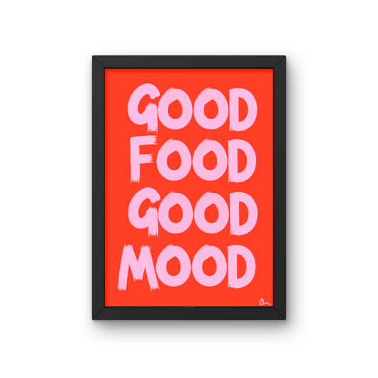 Pink and red kitchen print featuring food and drink illustrations from Peak Prints' Good Food Good Mood collection.