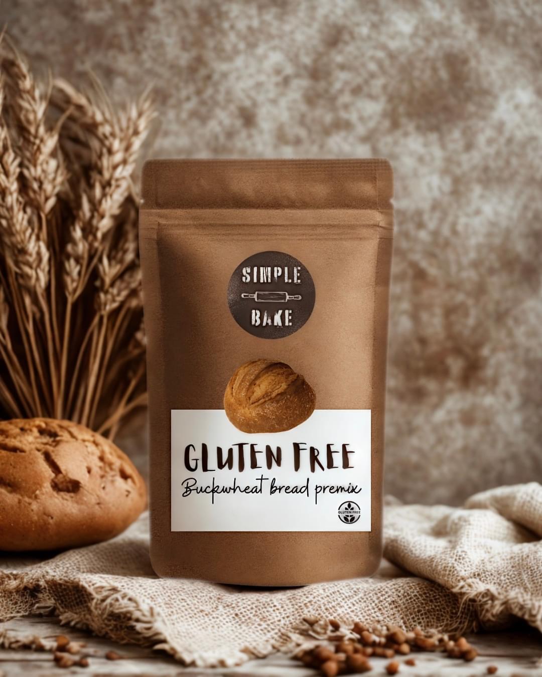 Simple Bake gluten-free buckwheat bread premix packet, showing the product label and packaging for making healthy bread.