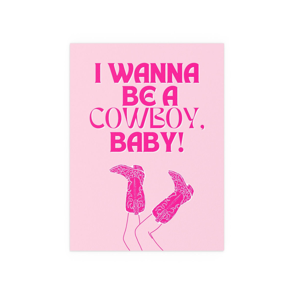 Pink poster of CMAT's "I Wanna Be a Cowboy, Baby" by Glow On Prints, featuring vibrant colors and bold text design.