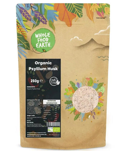Organic Psyllium Husk from Whole Food Earth in a clear plastic container, showing fine, light brown powdered fiber.