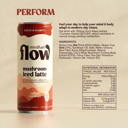 MINDFUEL FLOW Lion's Mane and Reishi oat latte functional drinks mixed pack with creamy oat latte in glass, herbal mushroom ingredients