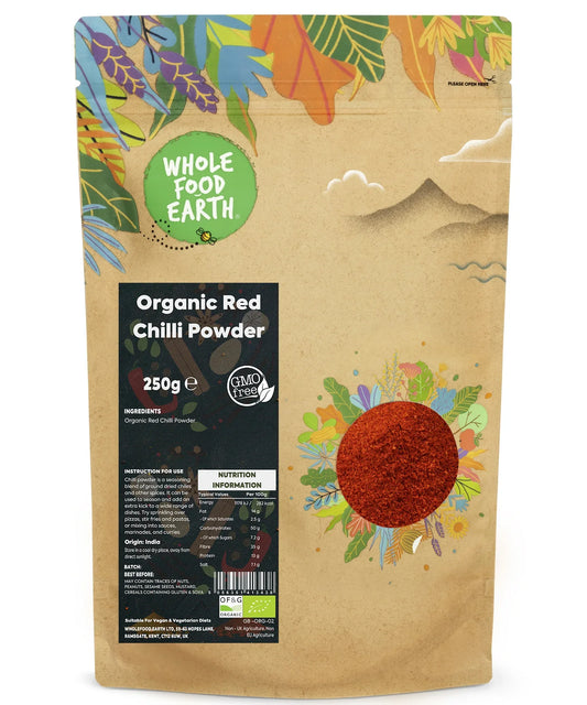 Organic red chilli powder from Whole Food Earth, finely ground red chili spice for cooking and seasoning.